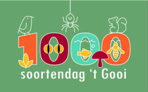 "Illustratie van dieren en natuuriconen rond '1000 soorten dag 't Gooi' op groene achtergrond."