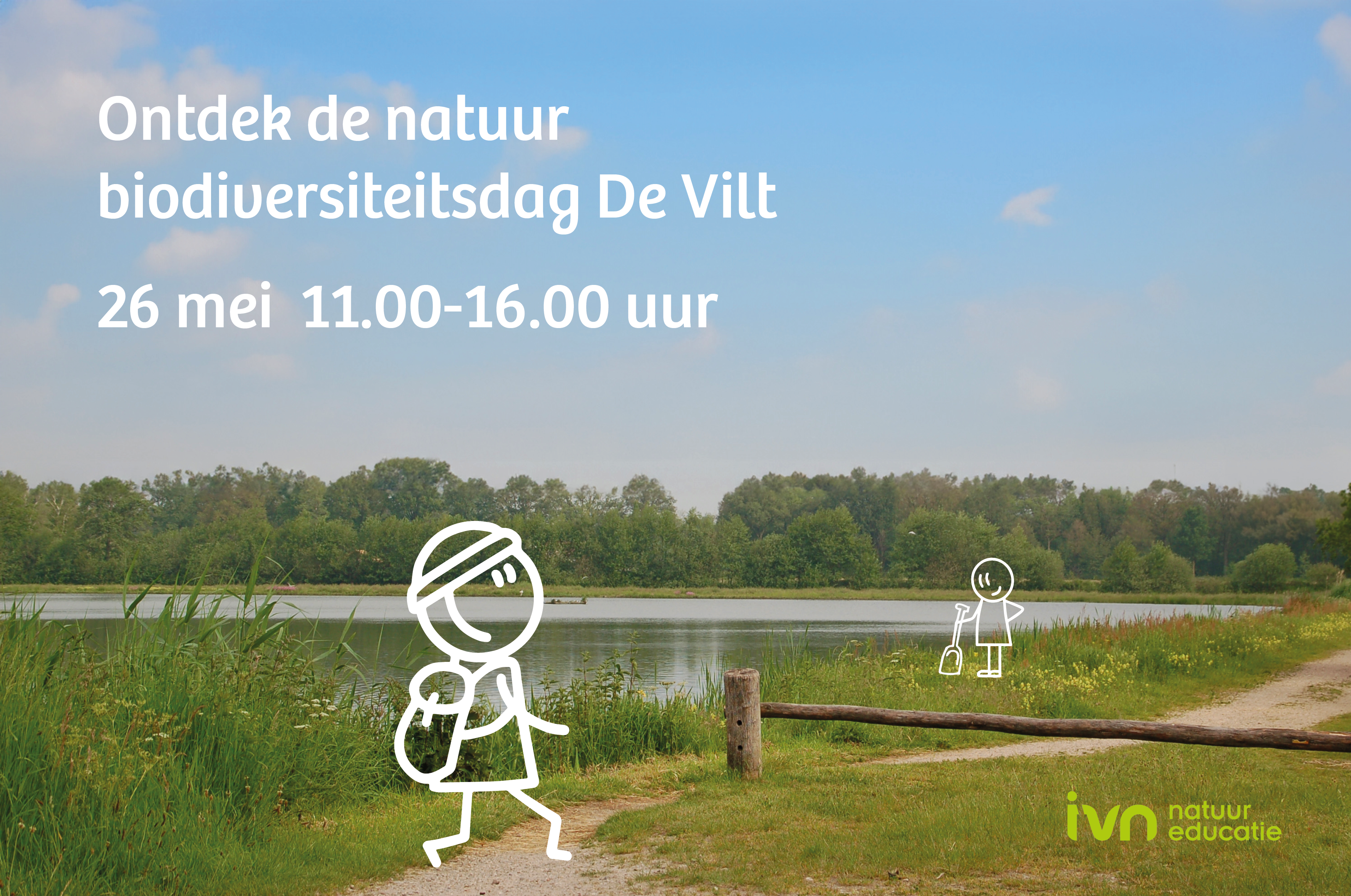 Promotie voor biodiversiteitsdag bij De Vilt, 26 mei, 11.00-16.00 uur, met natuurillustraties.