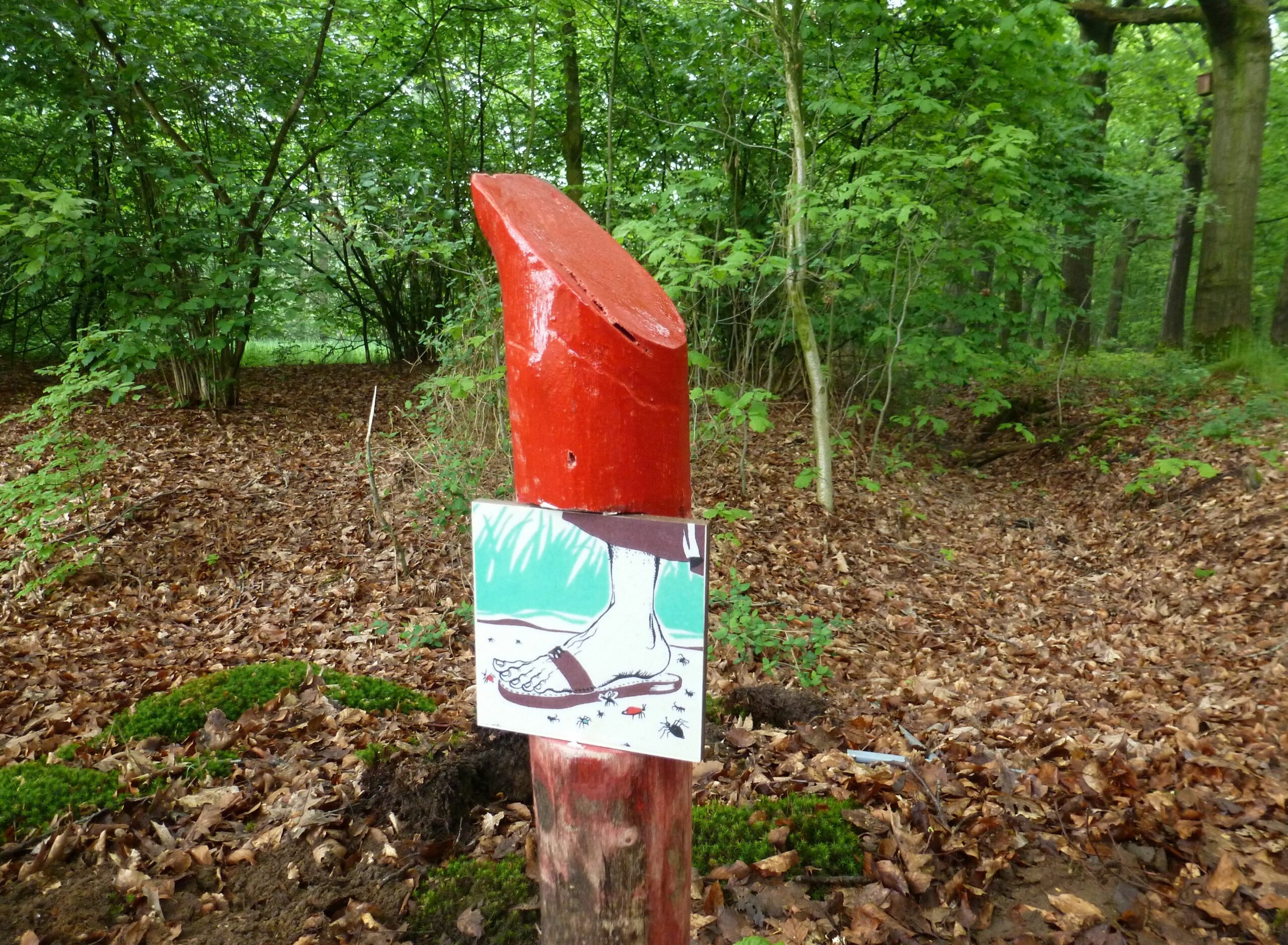 Rood paaltje met tekening van voet in sandalen tussen mieren, in een bos.