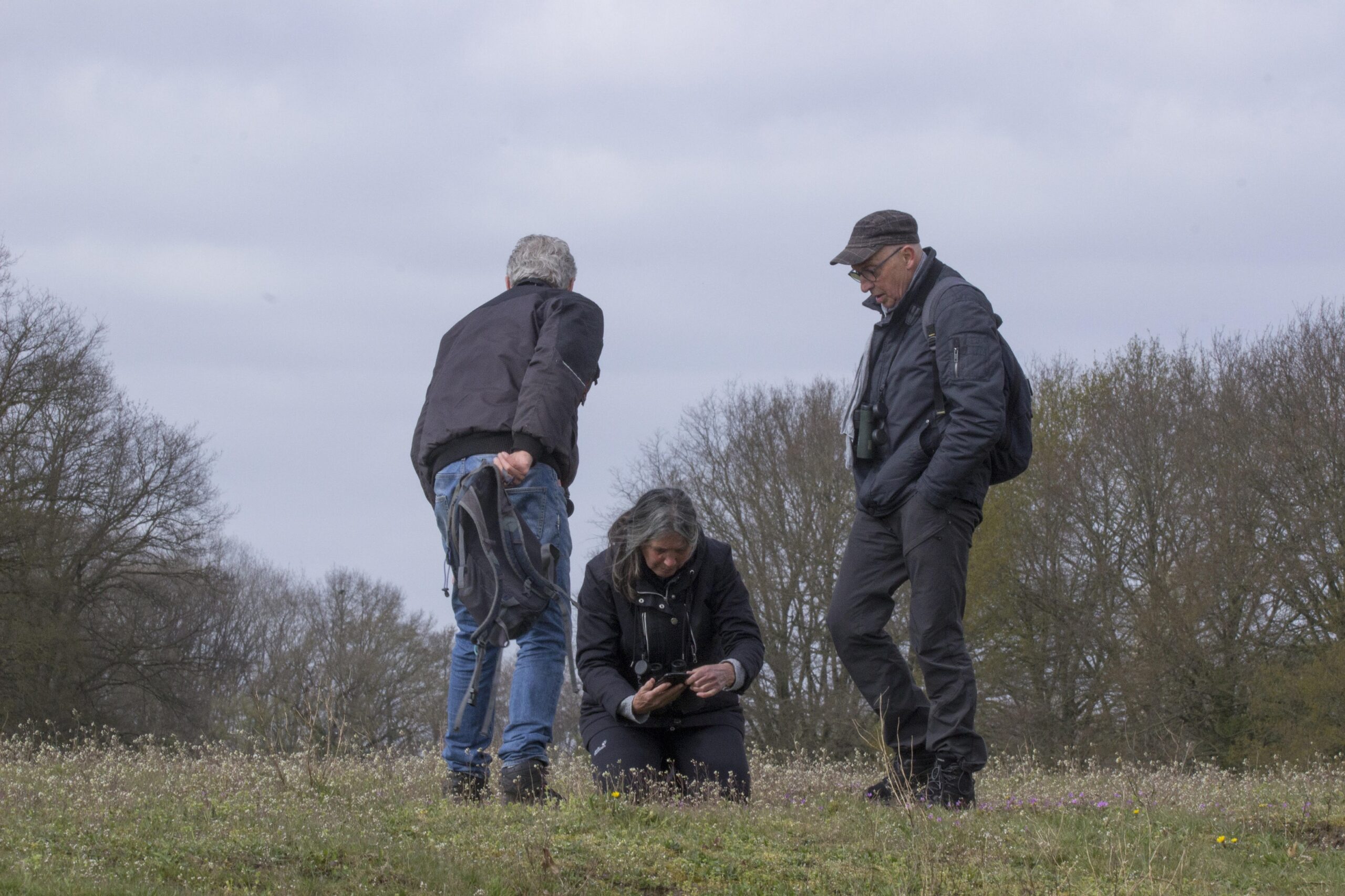 Drie mensen staan op een grasveld; één persoon knielt en onderzoekt iets.