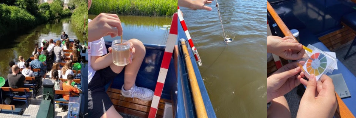 Boottocht met kinderen, watermonsteronderzoek, witte secchischijf in water, kleurkaartanalyse.