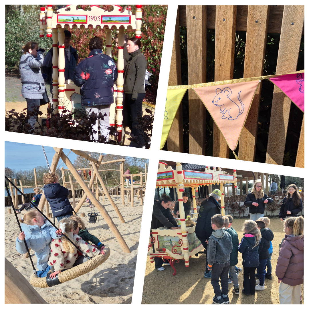 Kinderen spelen op een speeltuin met houten structuren en kleurrijke vlaggetjes. Groep bij een kraam.