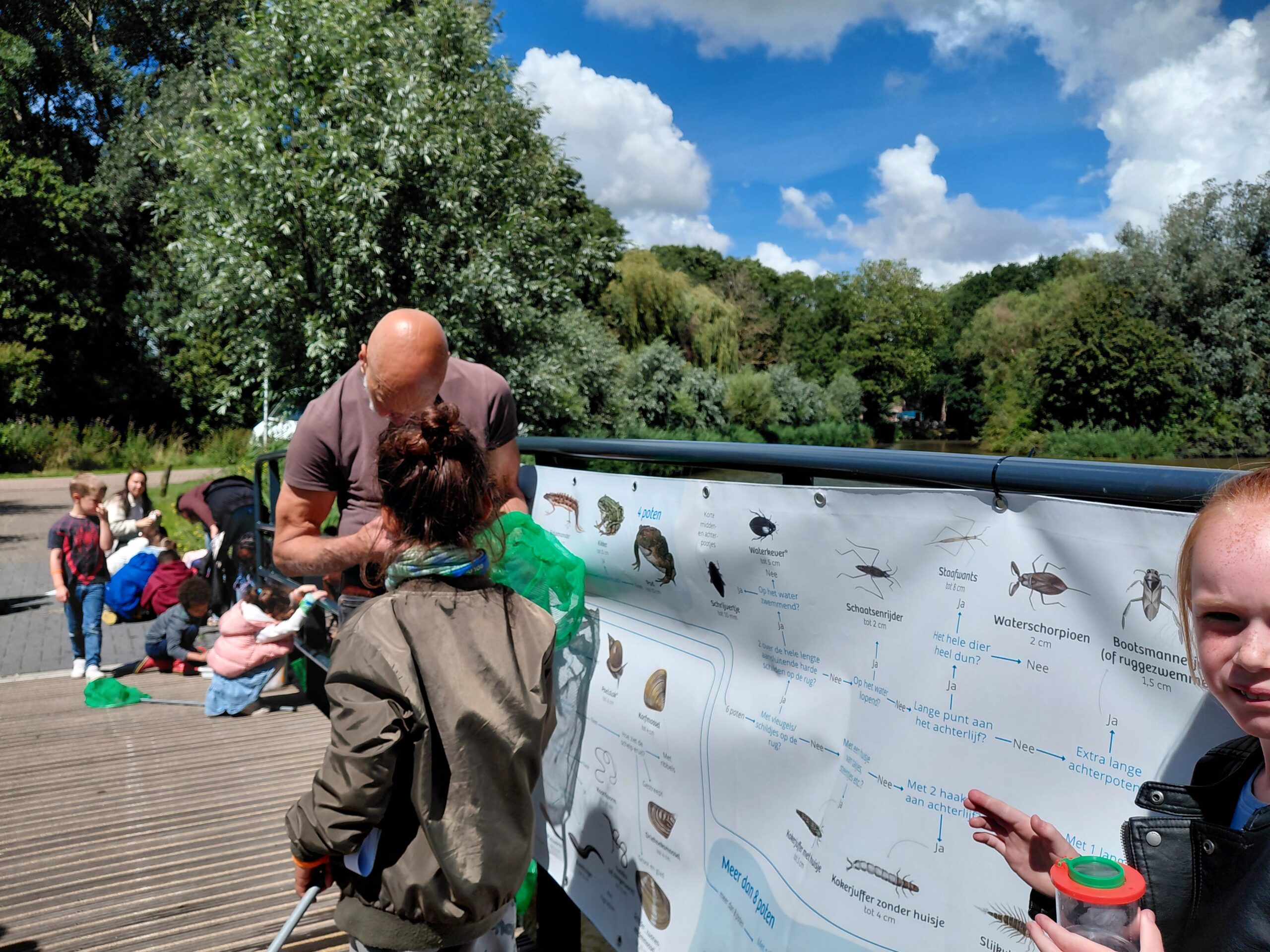 Kinderen bij een bord met informatie over waterinsecten, leren en ontdekken in een park.
