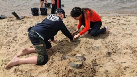 Kinderen graven in het zand op een strand bij het water, omringd door emmers.