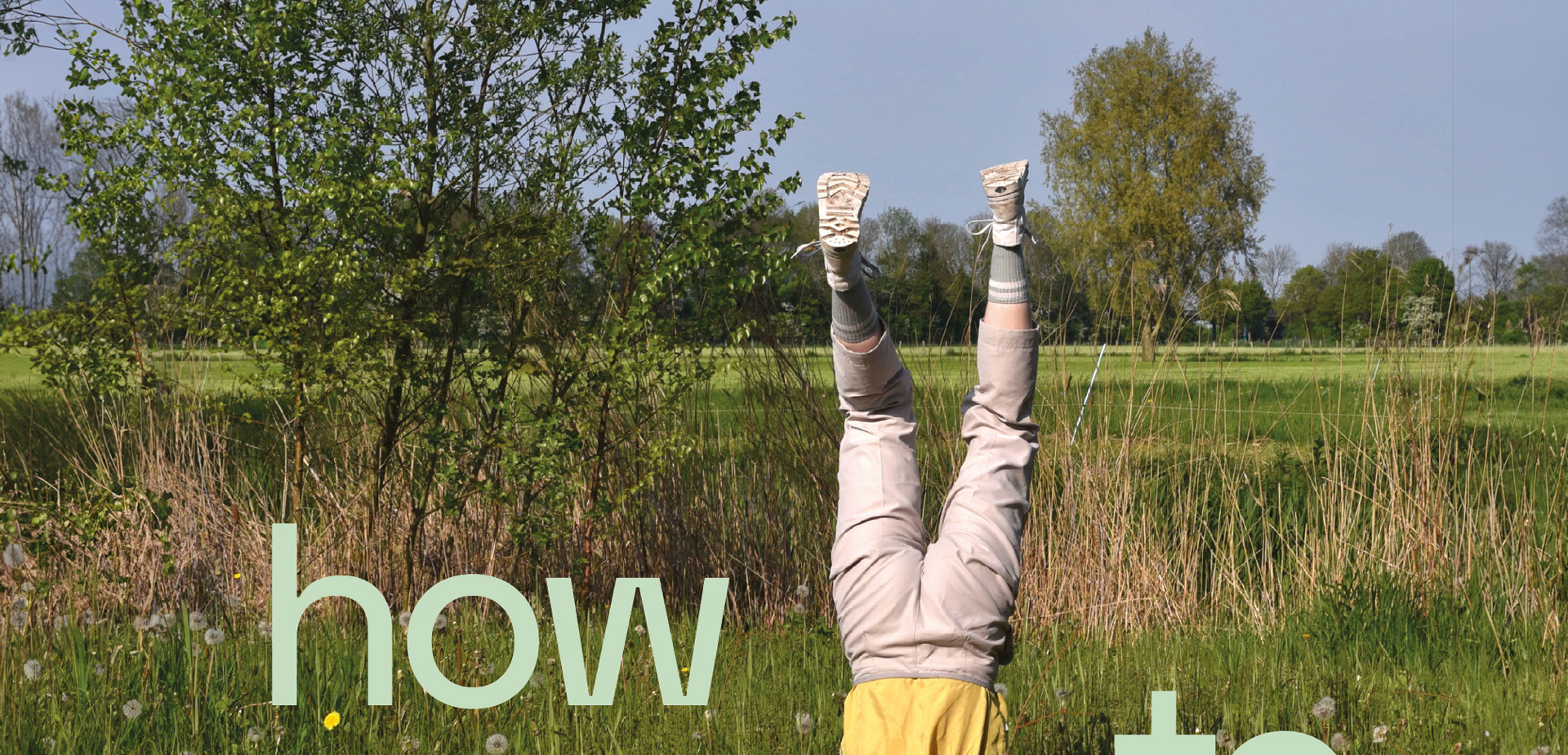 Een persoon staat op de handen in een groen veld met bomen op de achtergrond; tekst "how."
