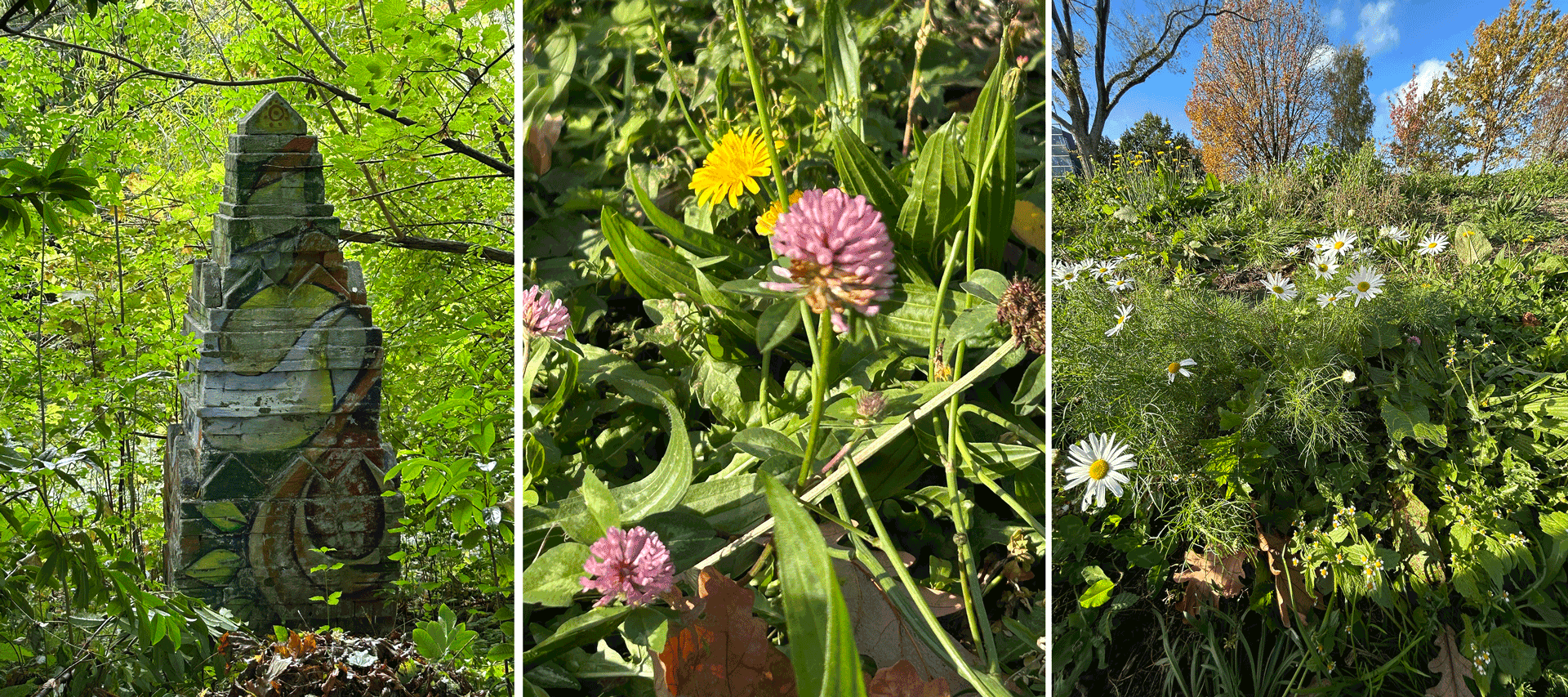 Drie panelen: graffiti op pilaar, bloemen met klaver, weide met margrieten en bomen.