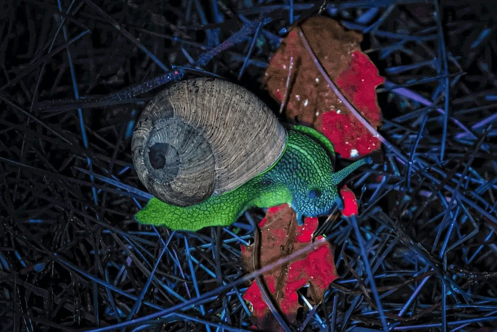 Een felgroene slak kruipt over blauwe takken en rode bladeren in duisternis.