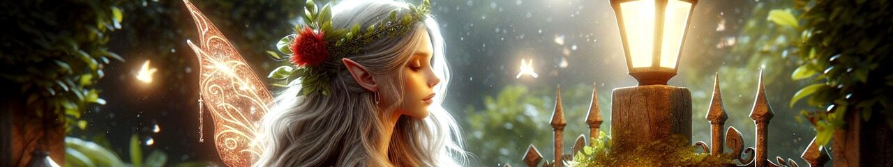 Elf met bloemenkroon en vleugels naast verlicht hek in bosgebied.