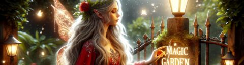 Elf met vleugels opent poort naar magische tuin, omgeven door lantaarns en gloeiende wezens.